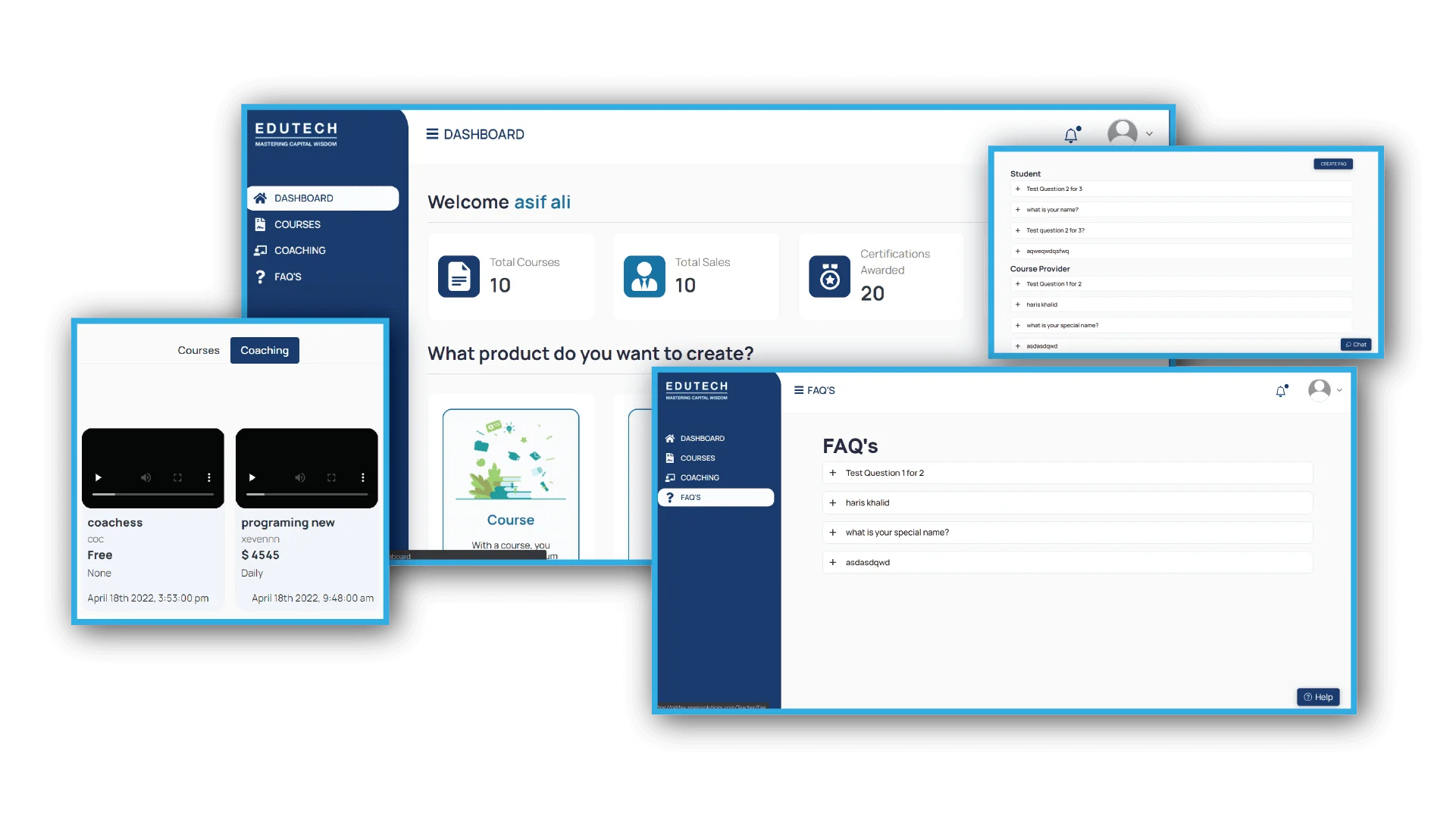 Edutech LMS admin panel — React.js learning management system with instructor dashboard
